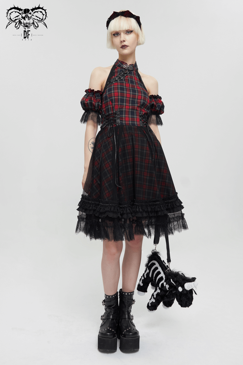 Gothic Plaid Dress with Ruffled Lace Hemline / Female Short Dresses with Detachable Sleeves - image 14