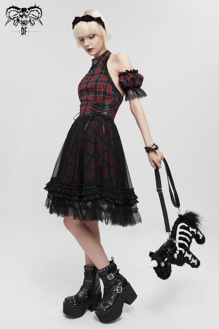 Gothic Plaid Dress with Ruffled Lace Hemline / Female Short Dresses with Detachable Sleeves - image 15