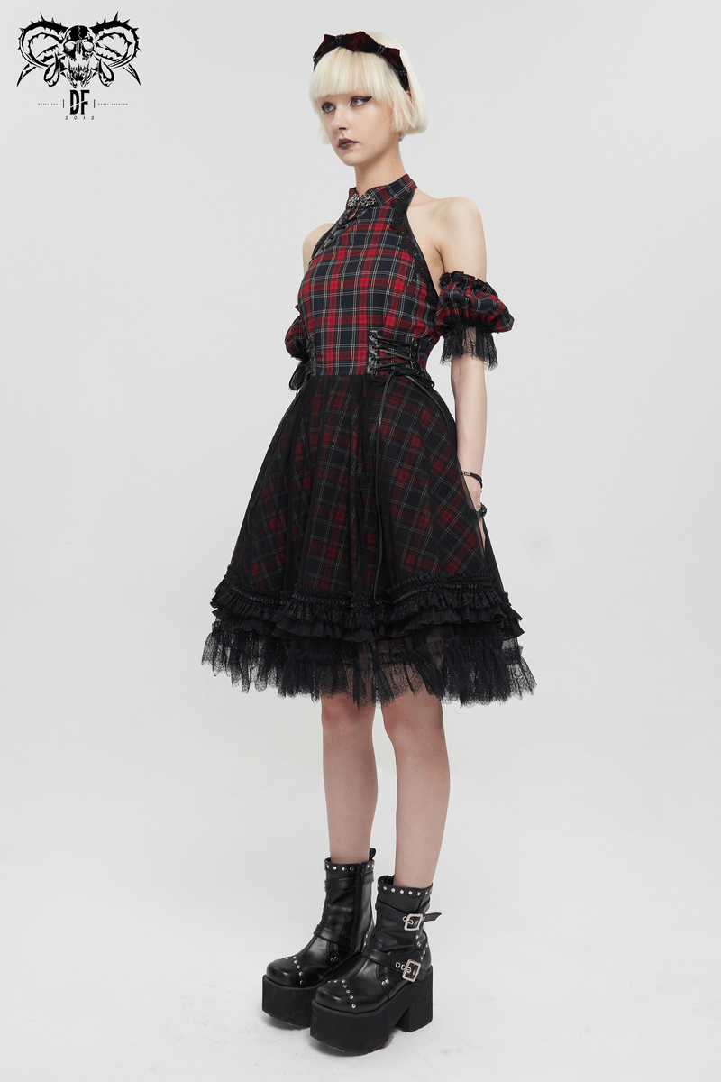 Gothic Plaid Dress with Ruffled Lace Hemline / Female Short Dresses with Detachable Sleeves - image 16