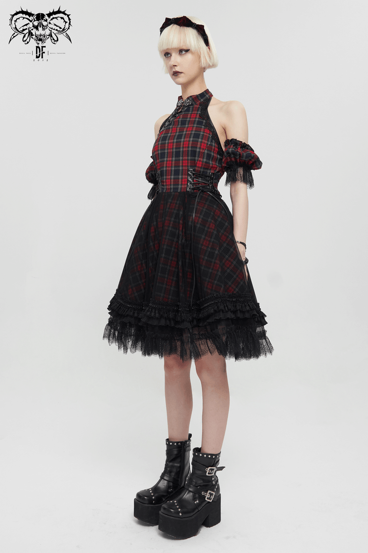 Gothic Plaid Dress with Ruffled Lace Hemline / Female Short Dresses with Detachable Sleeves - image 16