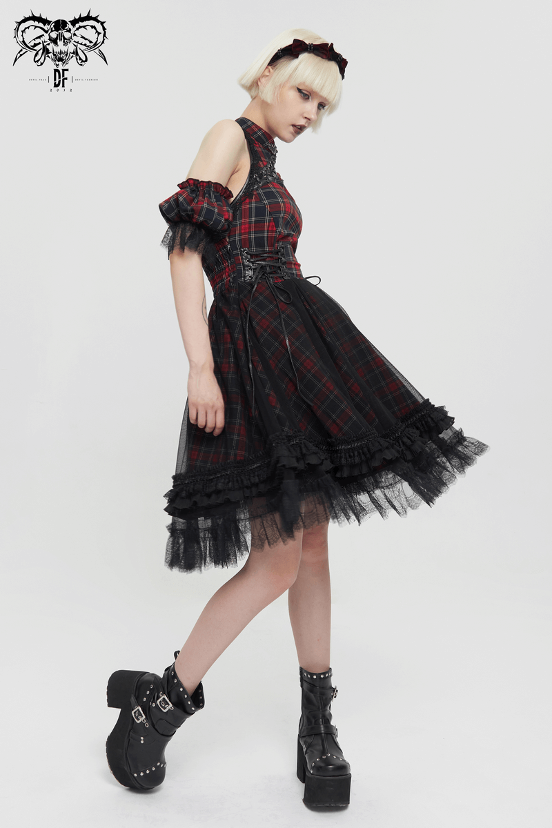 Gothic Plaid Dress with Ruffled Lace Hemline / Female Short Dresses with Detachable Sleeves - image 17