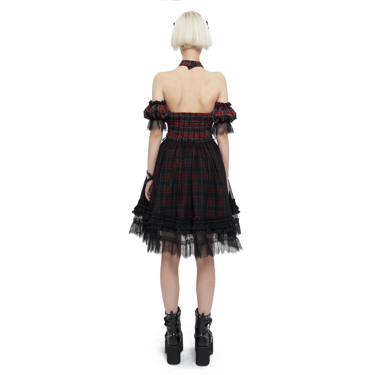 Gothic Plaid Dress with Ruffled Lace Hemline / Female Short Dresses with Detachable Sleeves - image 2
