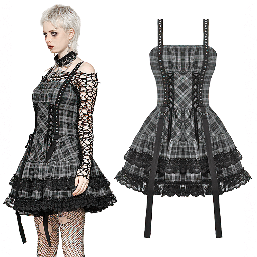 Gothic Plaid Mini Dress with Lace Trim and Harness Straps - image 3