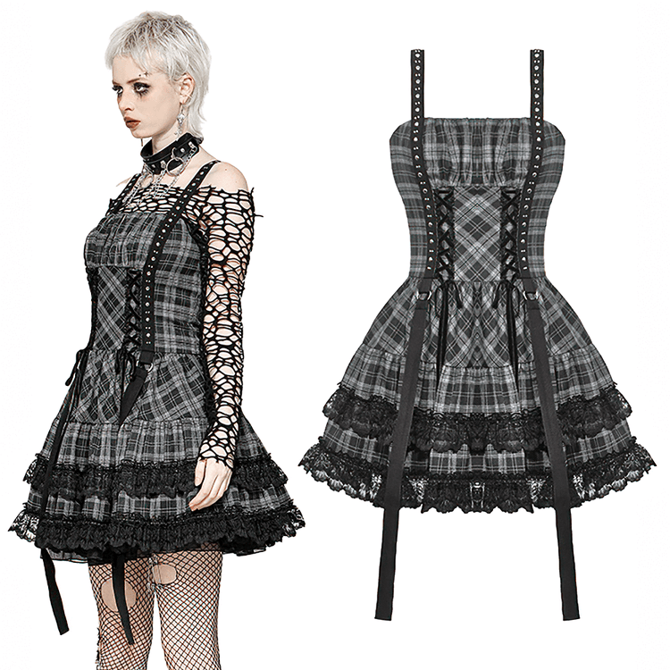 Gothic Plaid Mini Dress with Lace Trim and Harness Straps - image 3