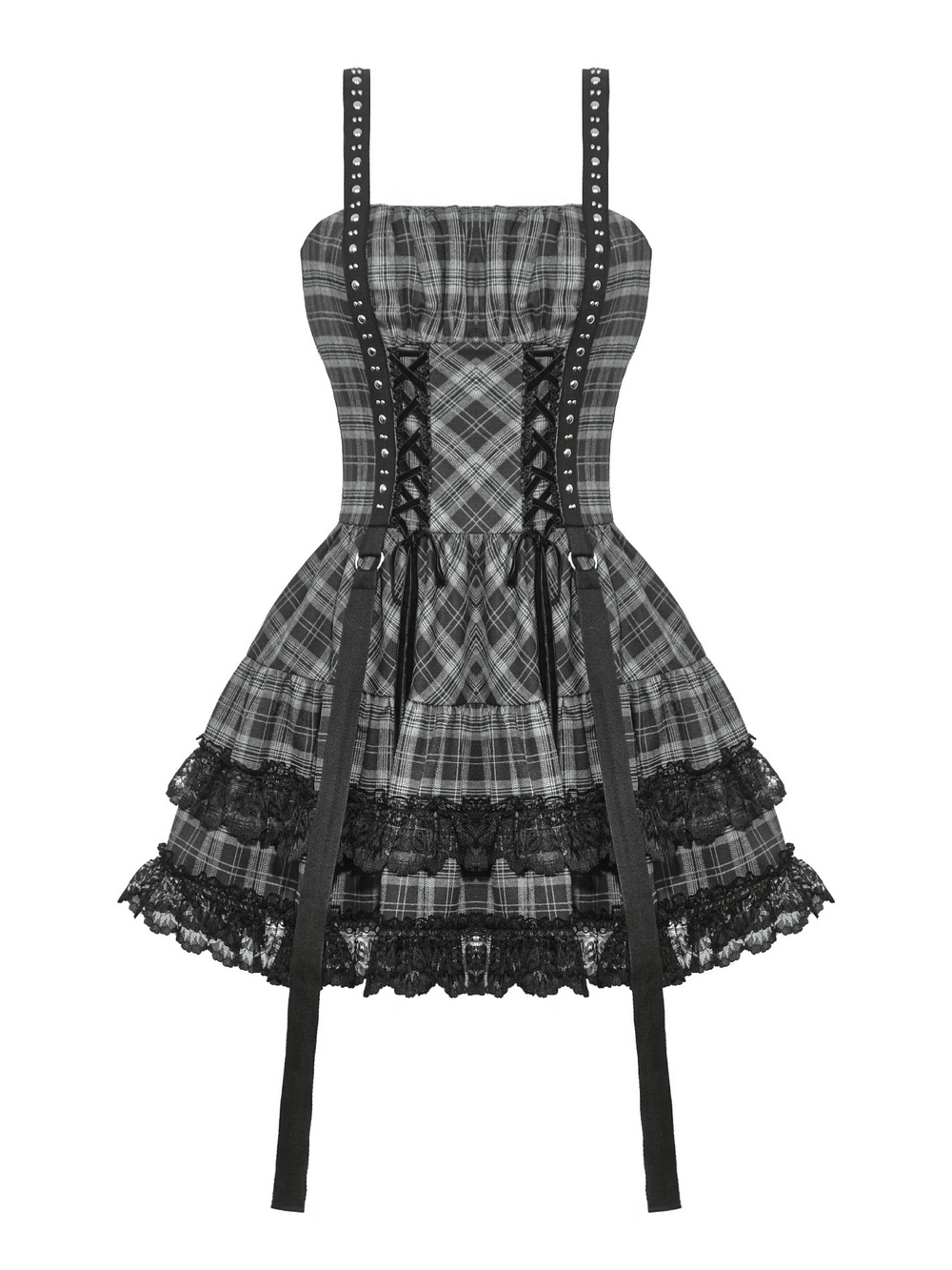 Gothic Plaid Mini Dress with Lace Trim and Harness Straps - image 4
