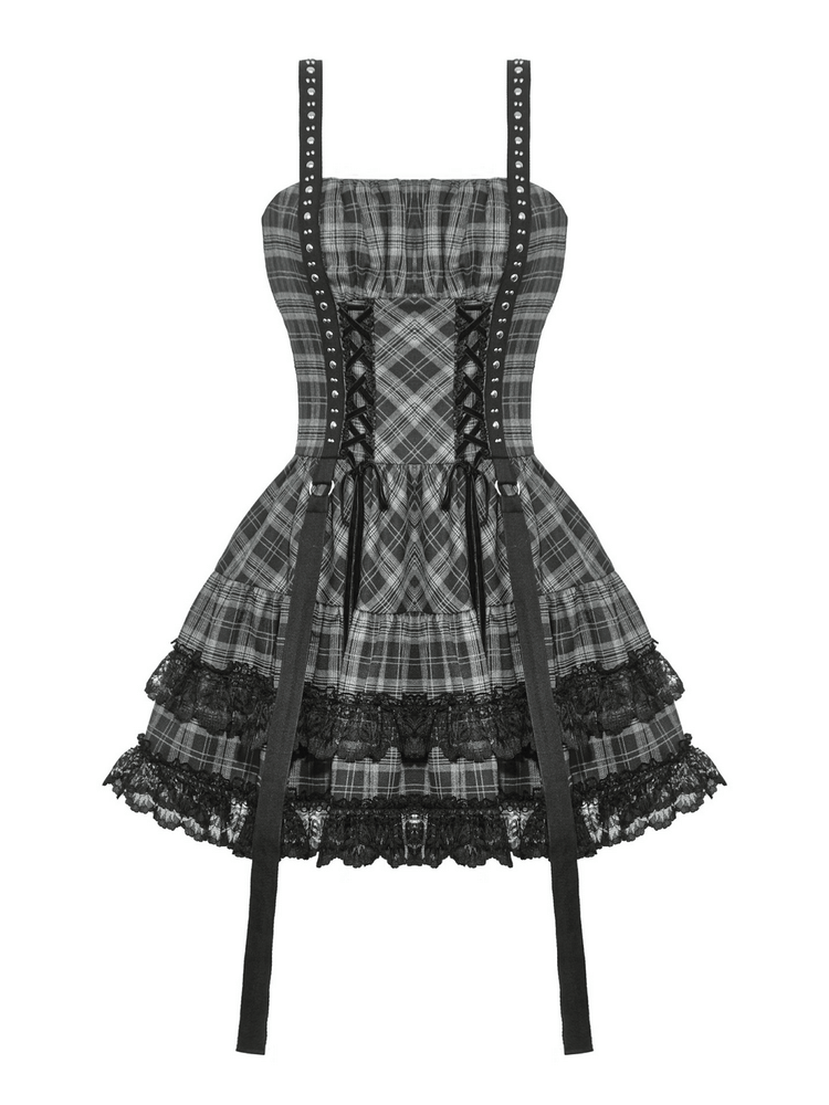 Gothic Plaid Mini Dress with Lace Trim and Harness Straps - image 4
