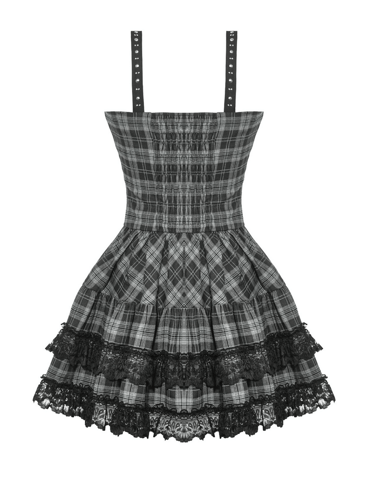 Gothic Plaid Mini Dress with Lace Trim and Harness Straps - image 6