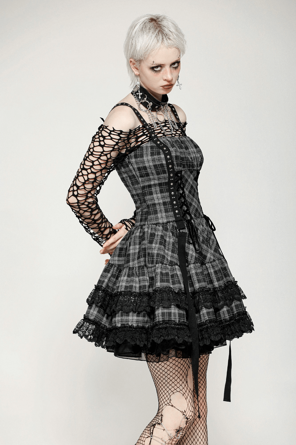 Gothic Plaid Mini Dress with Lace Trim and Harness Straps - image 12