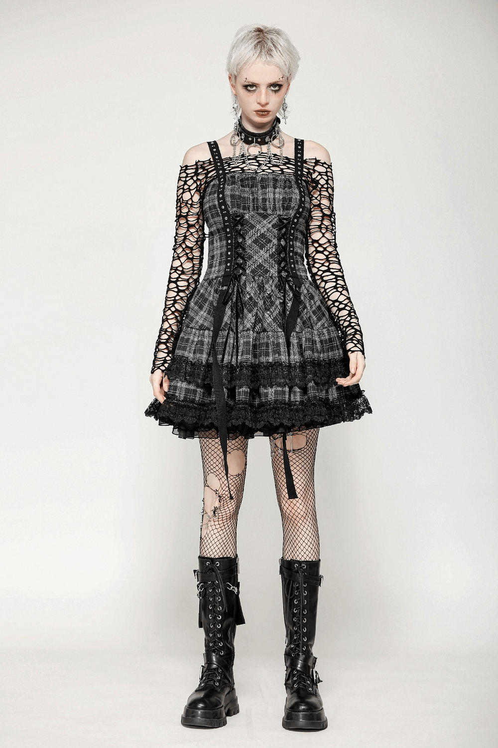 Gothic Plaid Mini Dress with Lace Trim and Harness Straps - image 13