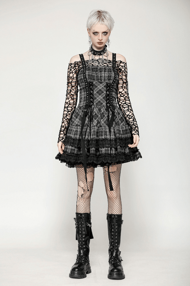 Gothic Plaid Mini Dress with Lace Trim and Harness Straps - image 13