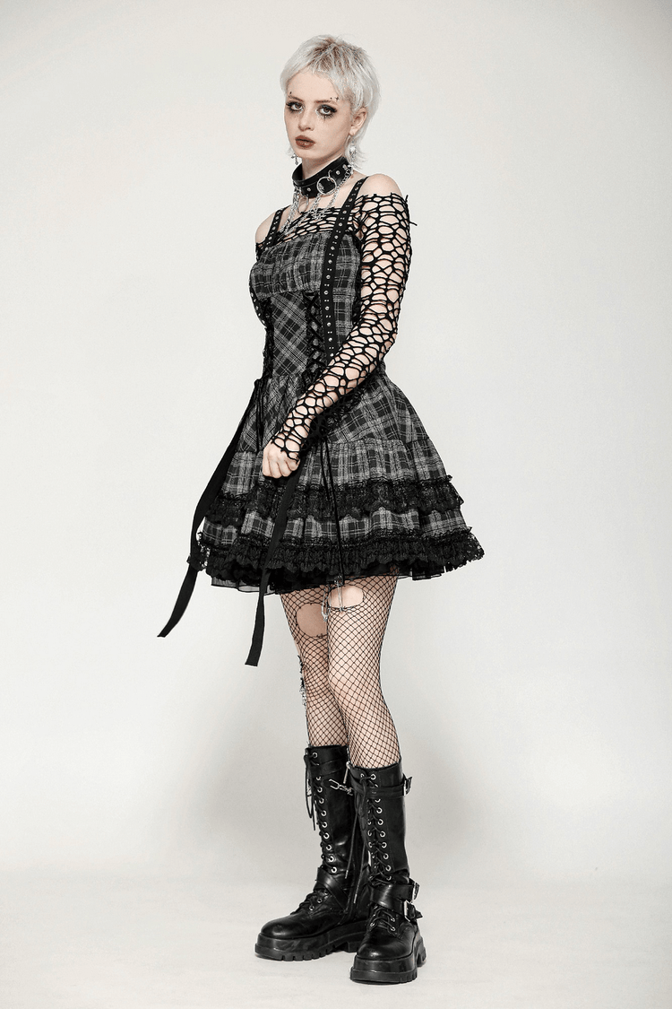 Gothic Plaid Mini Dress with Lace Trim and Harness Straps - image 14