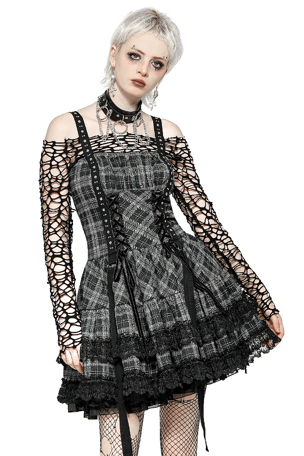 Gothic Plaid Mini Dress with Lace Trim and Harness Straps - image 1