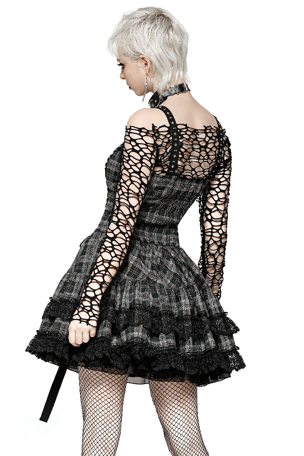 Gothic Plaid Mini Dress with Lace Trim and Harness Straps - image 2