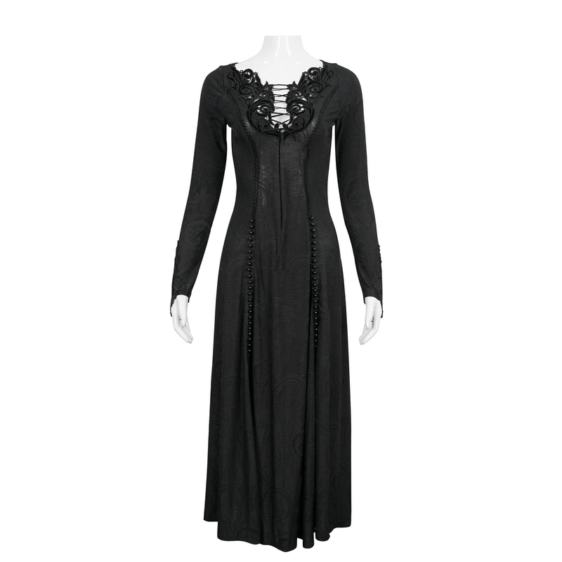 Gothic Plunging Floral Embroidered Dress / Fashion Black Women's Long Slit Dress - image 3