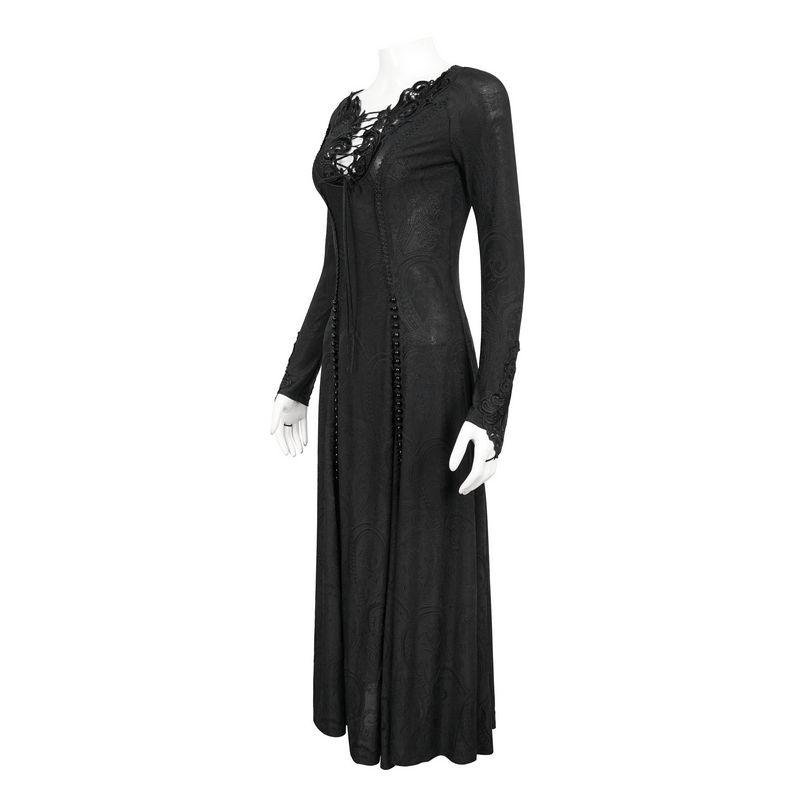 Gothic Plunging Floral Embroidered Dress / Fashion Black Women's Long Slit Dress - image 4