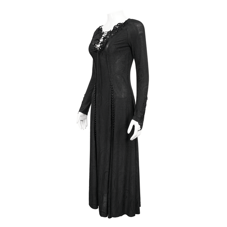 Gothic Plunging Floral Embroidered Dress / Fashion Black Women's Long Slit Dress - image 4