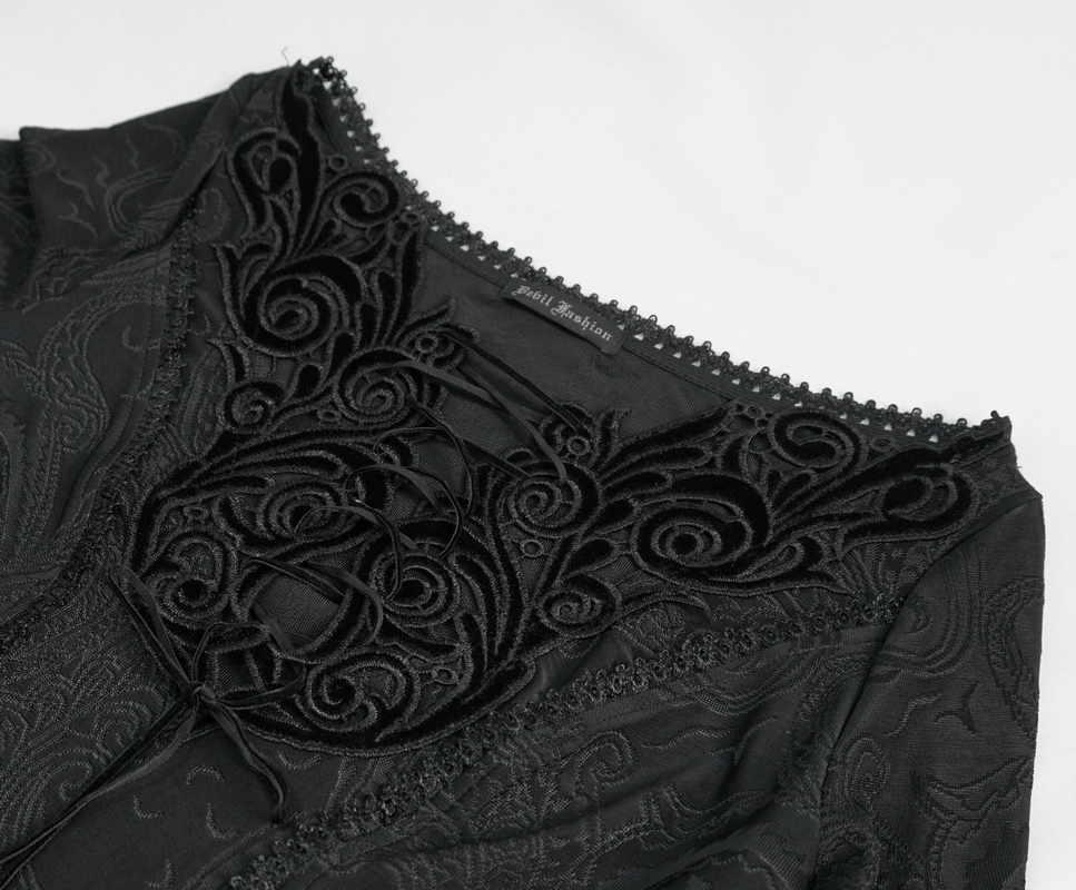 Gothic Plunging Floral Embroidered Dress / Fashion Black Women's Long Slit Dress - image 14