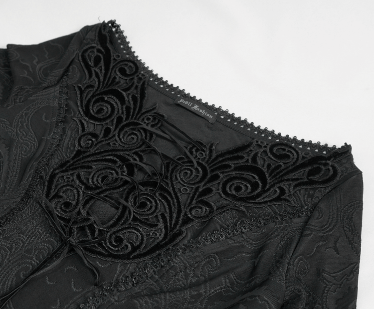 Gothic Plunging Floral Embroidered Dress / Fashion Black Women's Long Slit Dress - image 14
