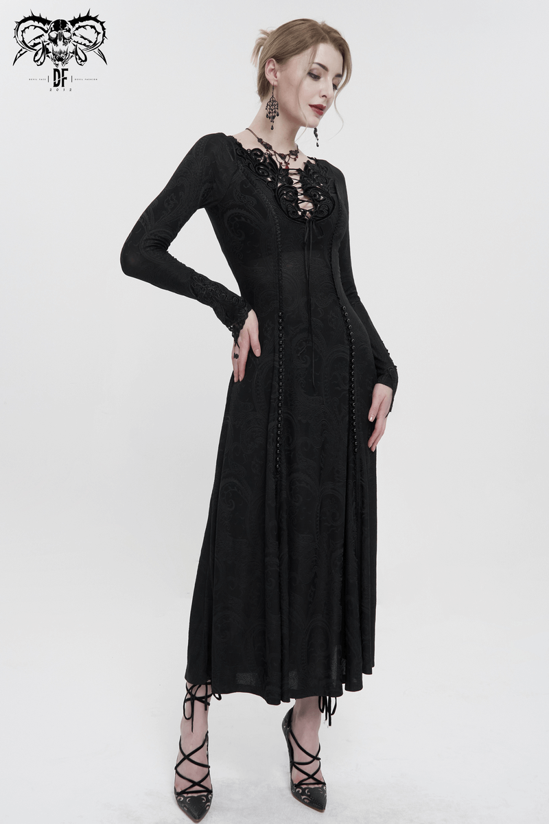 Gothic Plunging Floral Embroidered Dress / Fashion Black Women's Long Slit Dress - image 13