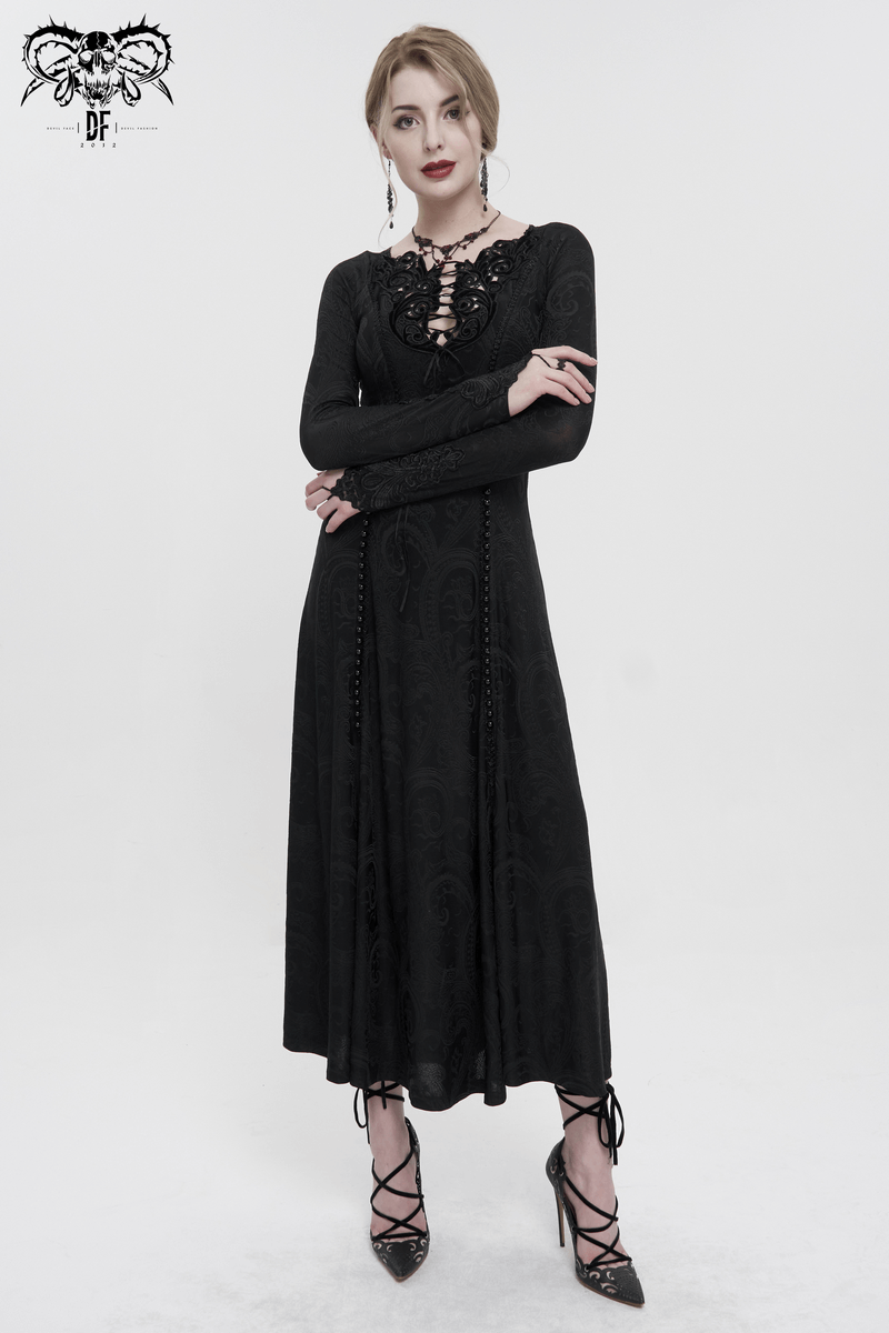 Gothic Plunging Floral Embroidered Dress / Fashion Black Women's Long Slit Dress - image 12