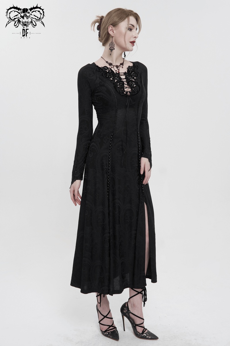 Gothic Plunging Floral Embroidered Dress / Fashion Black Women's Long Slit Dress - image 11