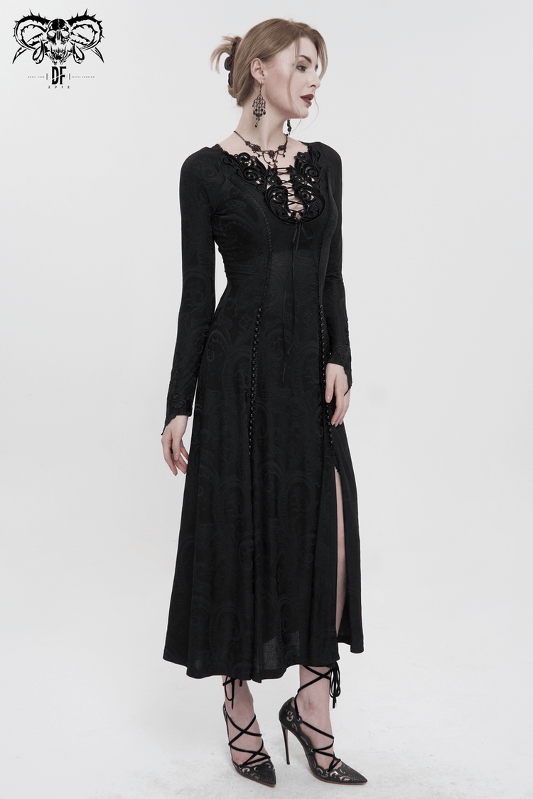 Gothic Plunging Floral Embroidered Dress / Fashion Black Women's Long Slit Dress - image 11