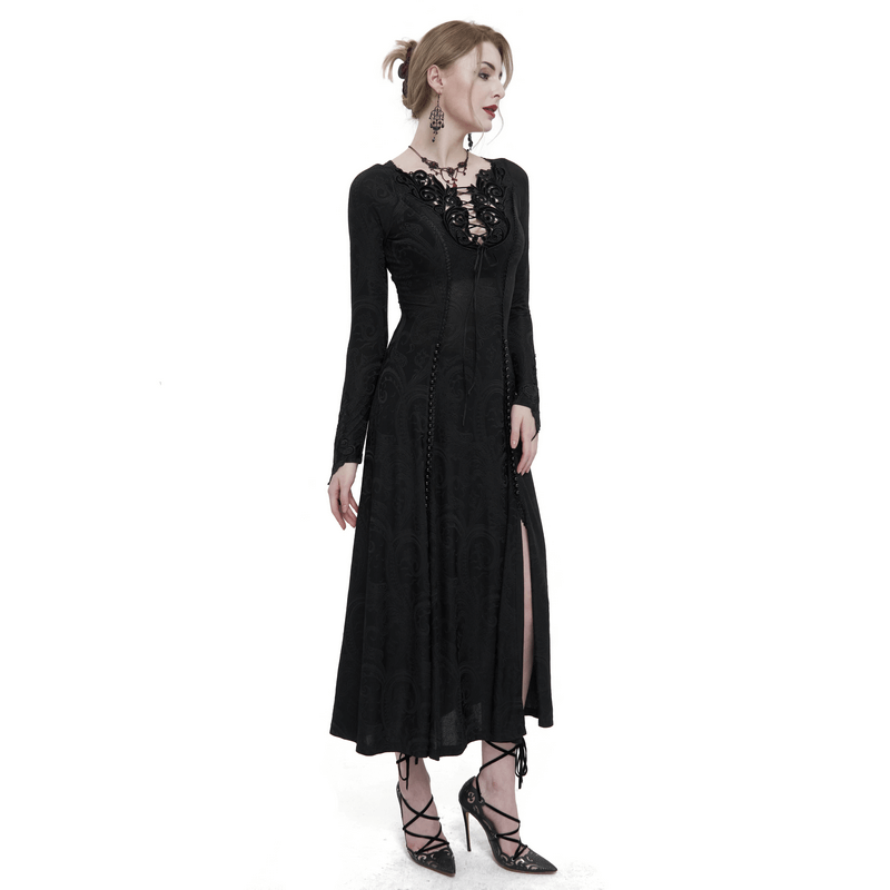 Gothic Plunging Floral Embroidered Dress / Fashion Black Women's Long Slit Dress - image 1