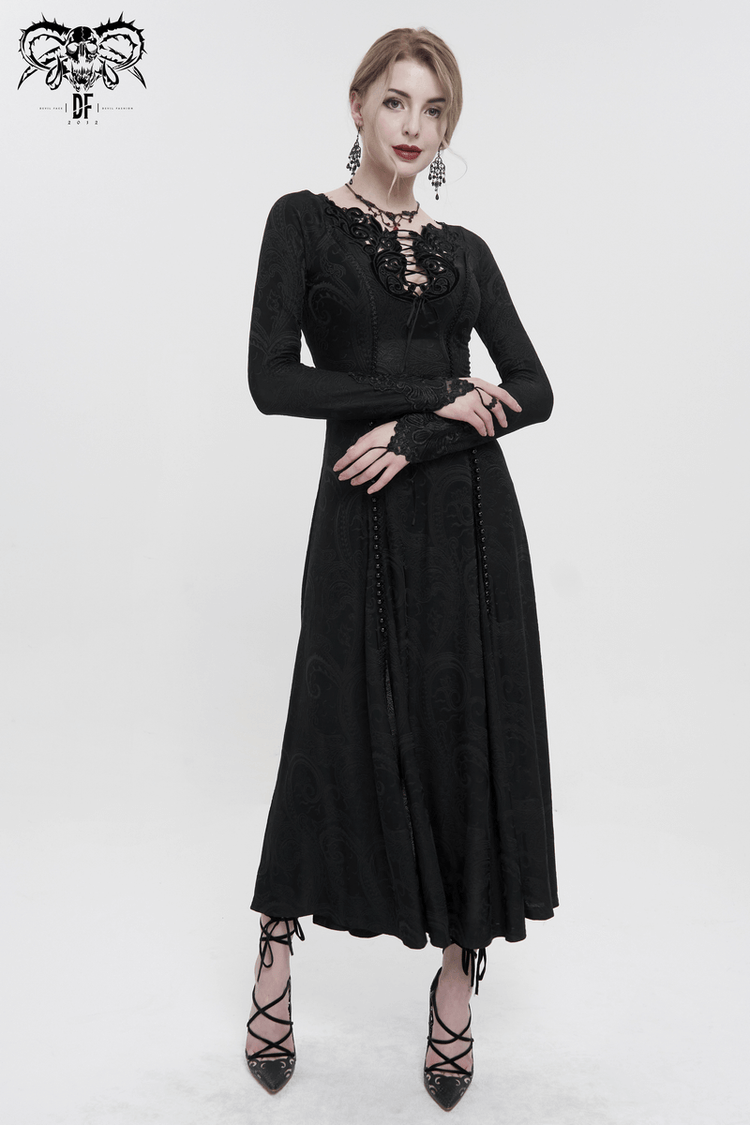 Gothic Plunging Floral Embroidered Dress / Fashion Black Women's Long Slit Dress - image 10