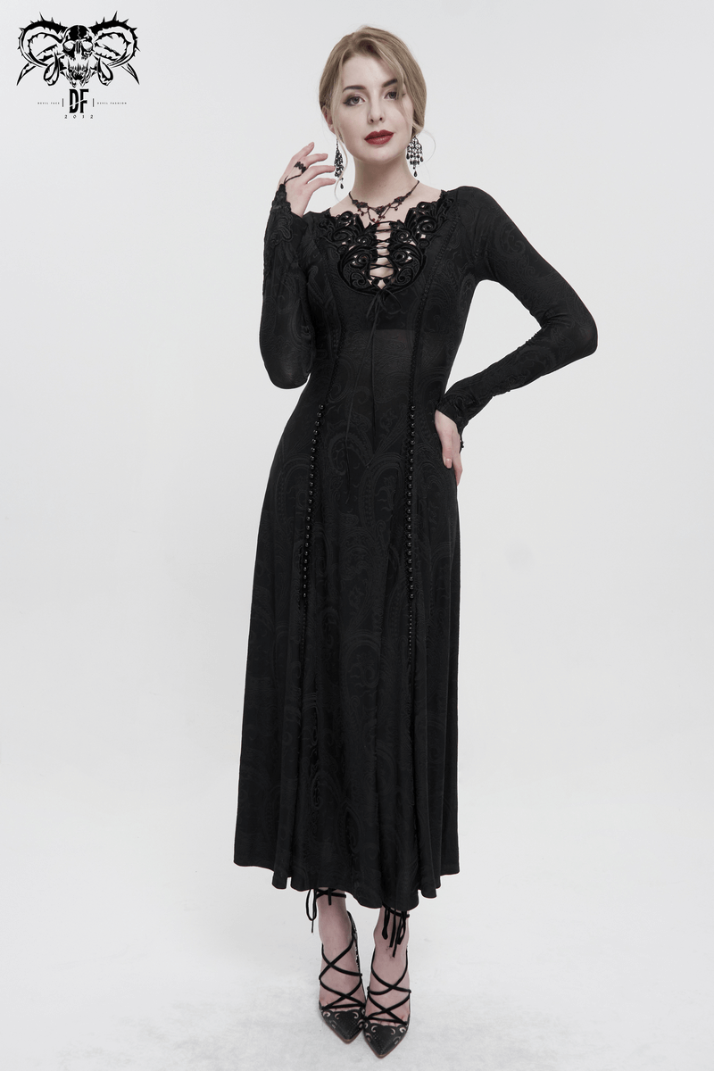 Gothic Plunging Floral Embroidered Dress / Fashion Black Women's Long Slit Dress - image 9