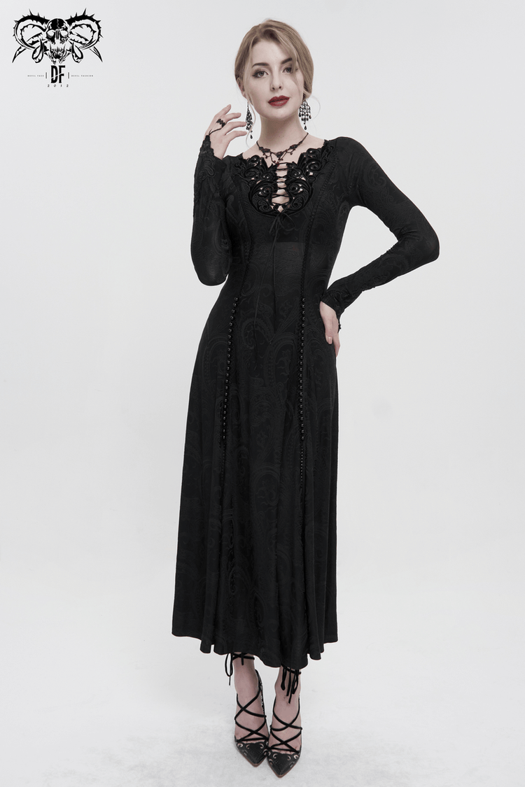 Gothic Plunging Floral Embroidered Dress / Fashion Black Women's Long Slit Dress - image 9