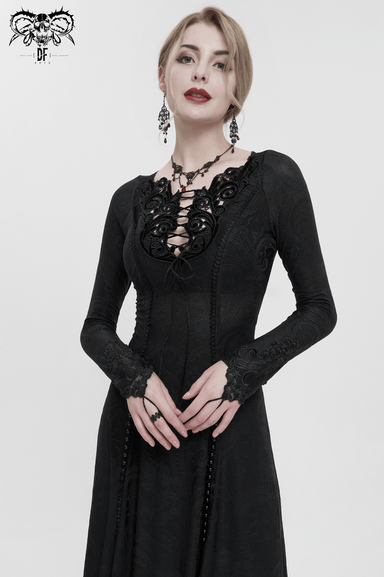 Gothic Plunging Floral Embroidered Dress / Fashion Black Women's Long Slit Dress - image 8