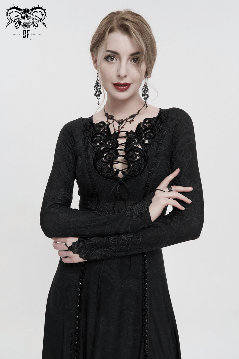 Gothic Plunging Floral Embroidered Dress / Fashion Black Women's Long Slit Dress - image 7