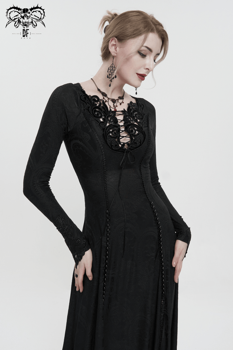 Gothic Plunging Floral Embroidered Dress / Fashion Black Women's Long Slit Dress - image 6