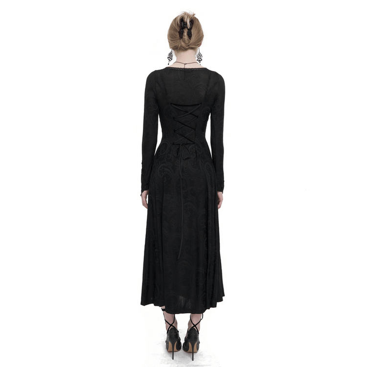 Gothic Plunging Floral Embroidered Dress / Fashion Black Women's Long Slit Dress - image 2