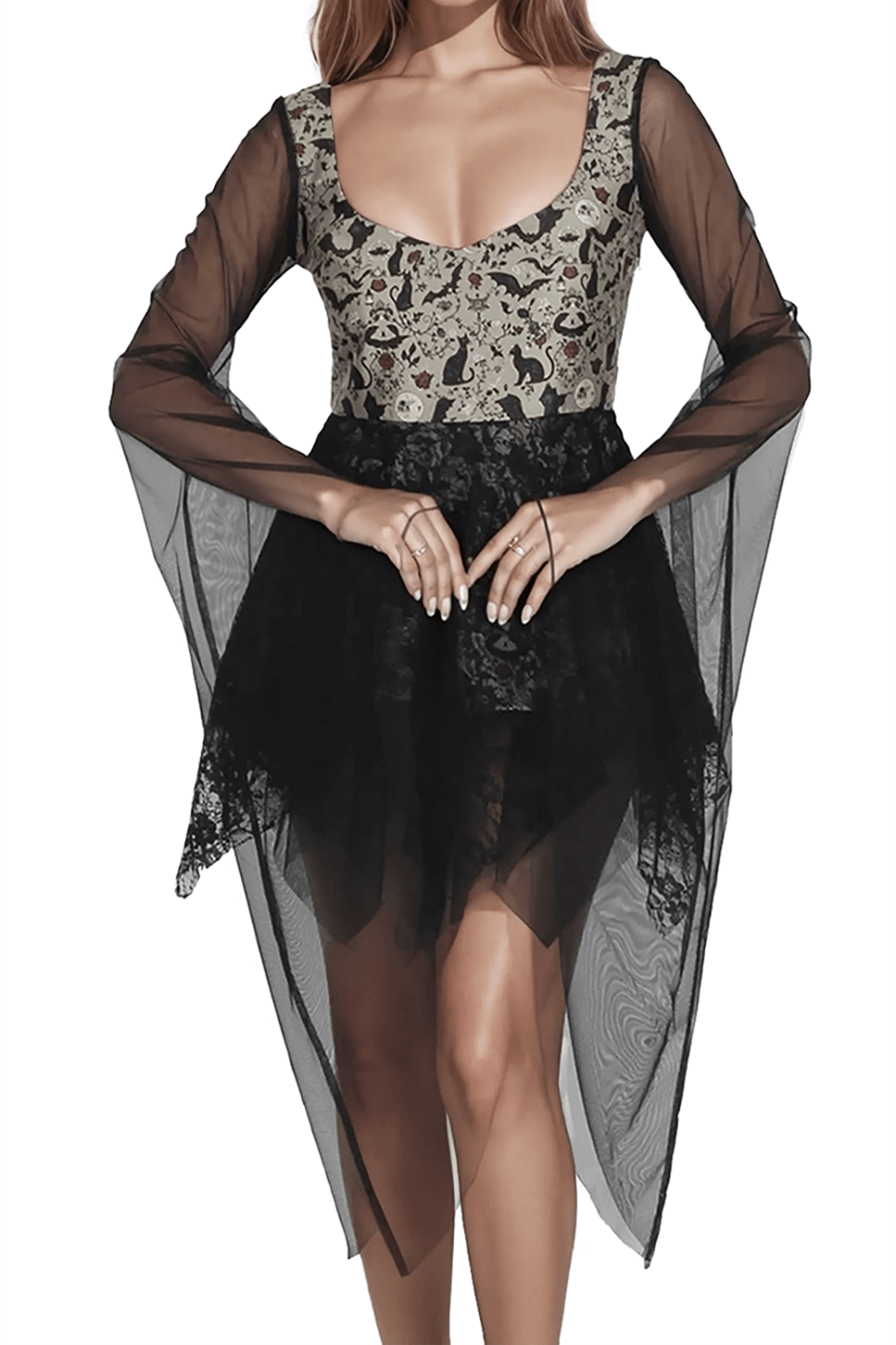 Gothic Printed Mesh Dress with Lace Overskirt and Sleeves - image 3