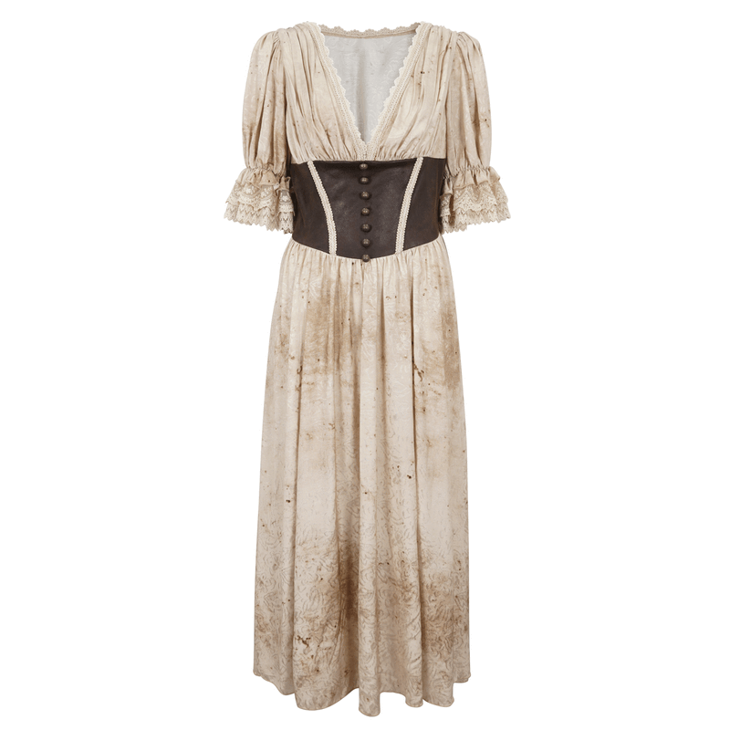 Gothic Puff Sleeves Deep V-Neck Long Dress With Shirred Back - image 3