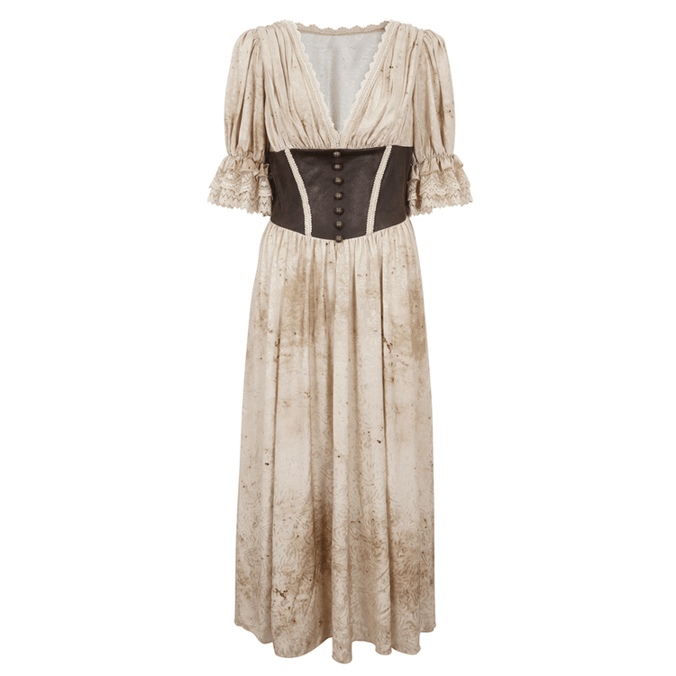 Gothic Puff Sleeves Deep V-Neck Long Dress With Shirred Back - image 3