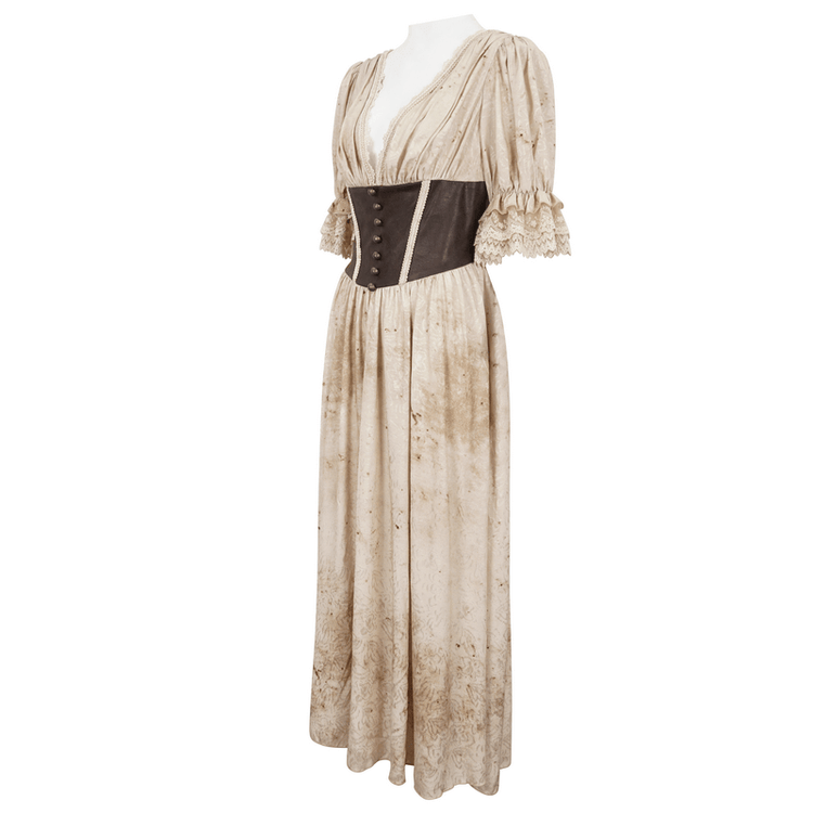 Gothic Puff Sleeves Deep V-Neck Long Dress With Shirred Back - image 4