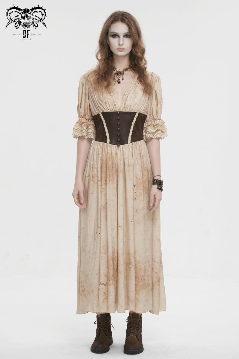 Gothic Puff Sleeves Deep V-Neck Long Dress With Shirred Back - image 13