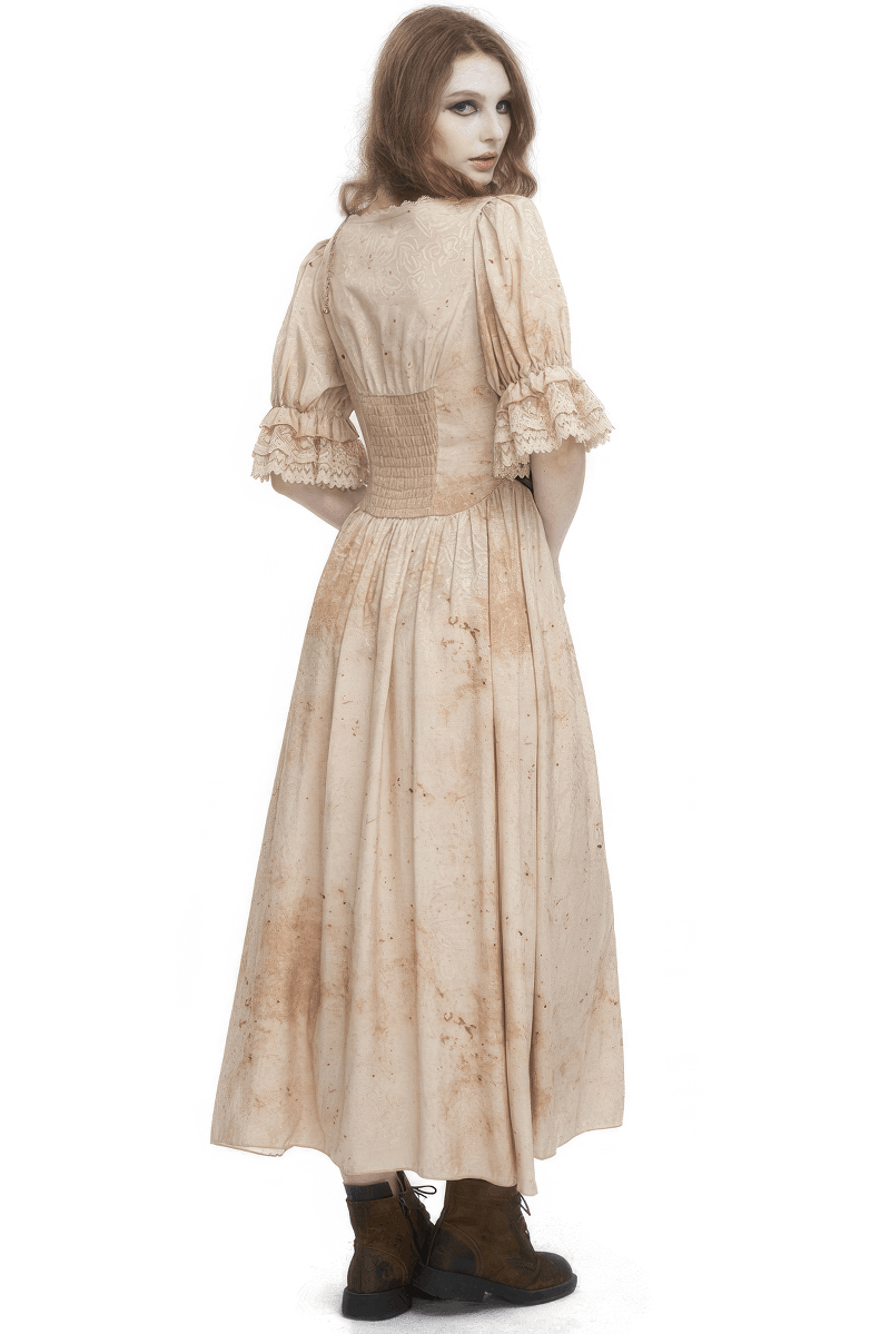 Gothic Puff Sleeves Deep V-Neck Long Dress With Shirred Back - image 2