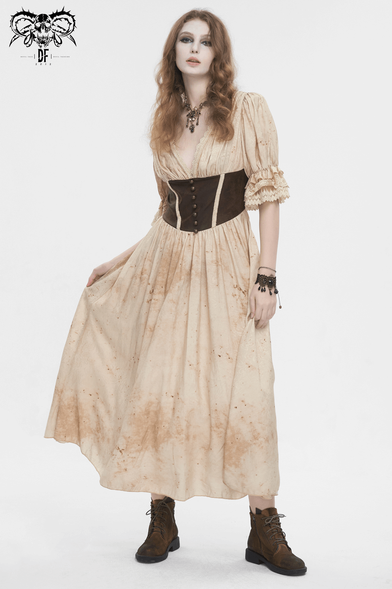 Gothic Puff Sleeves Deep V-Neck Long Dress With Shirred Back - image 12