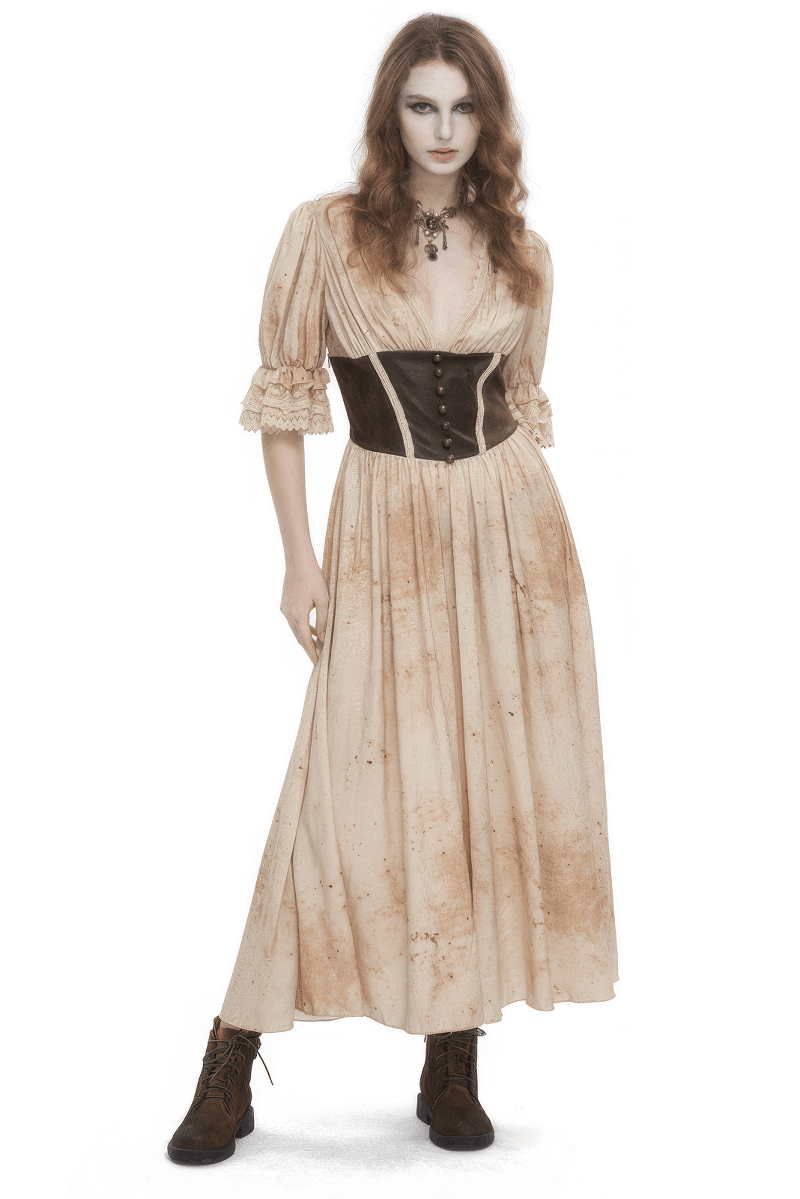 Gothic Puff Sleeves Deep V-Neck Long Dress With Shirred Back - image 1