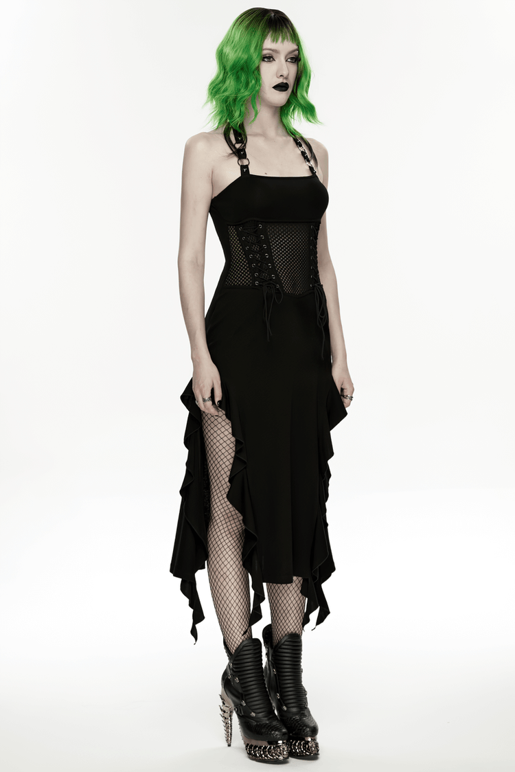 Gothic Punk Halter Mesh Dress With Ruffled Hem - image 14