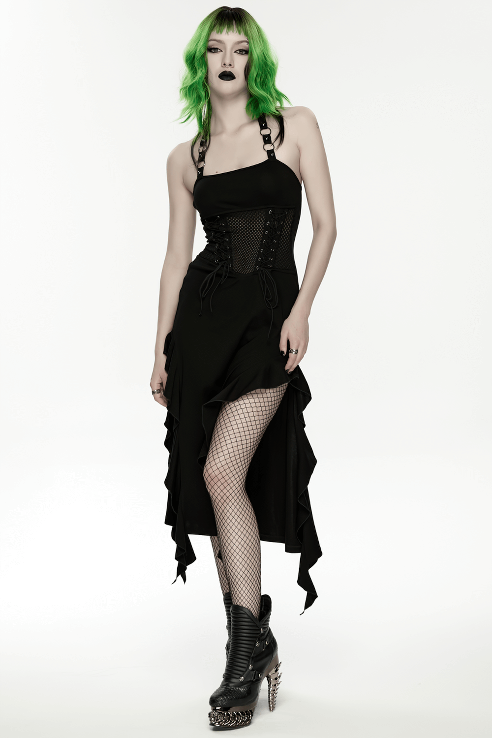 Gothic Punk Halter Mesh Dress With Ruffled Hem - image 15