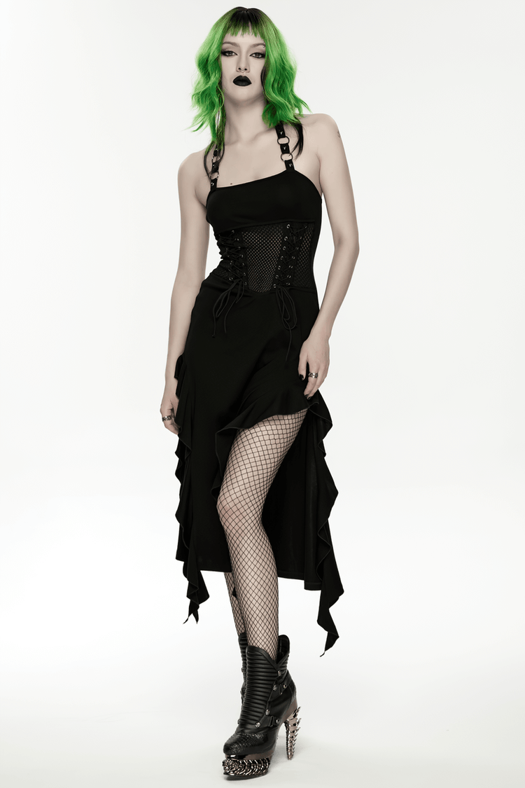 Gothic Punk Halter Mesh Dress With Ruffled Hem - image 15