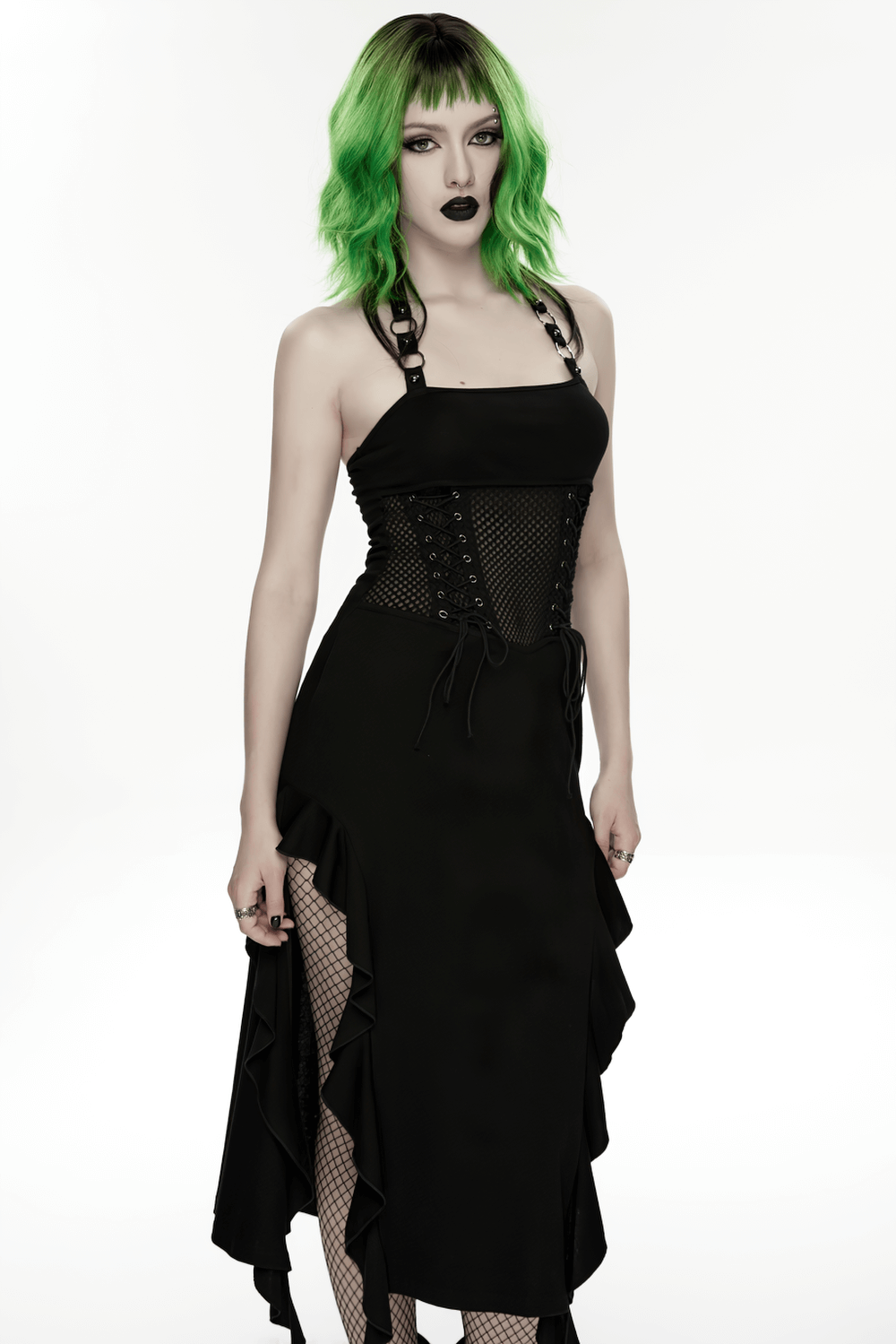 Gothic Punk Halter Mesh Dress With Ruffled Hem - image 11