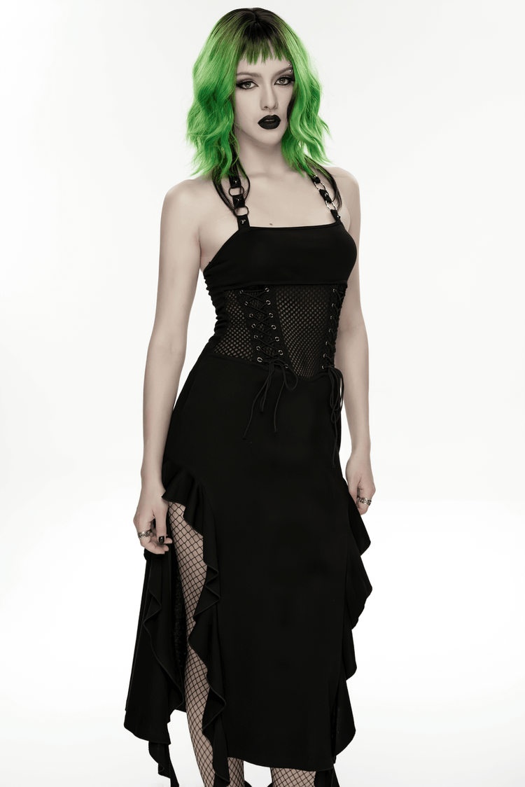 Gothic Punk Halter Mesh Dress With Ruffled Hem - image 11