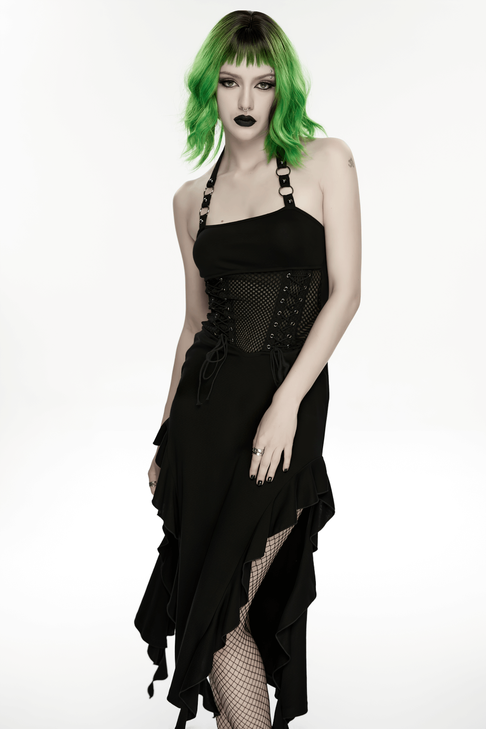Gothic Punk Halter Mesh Dress With Ruffled Hem - image 12