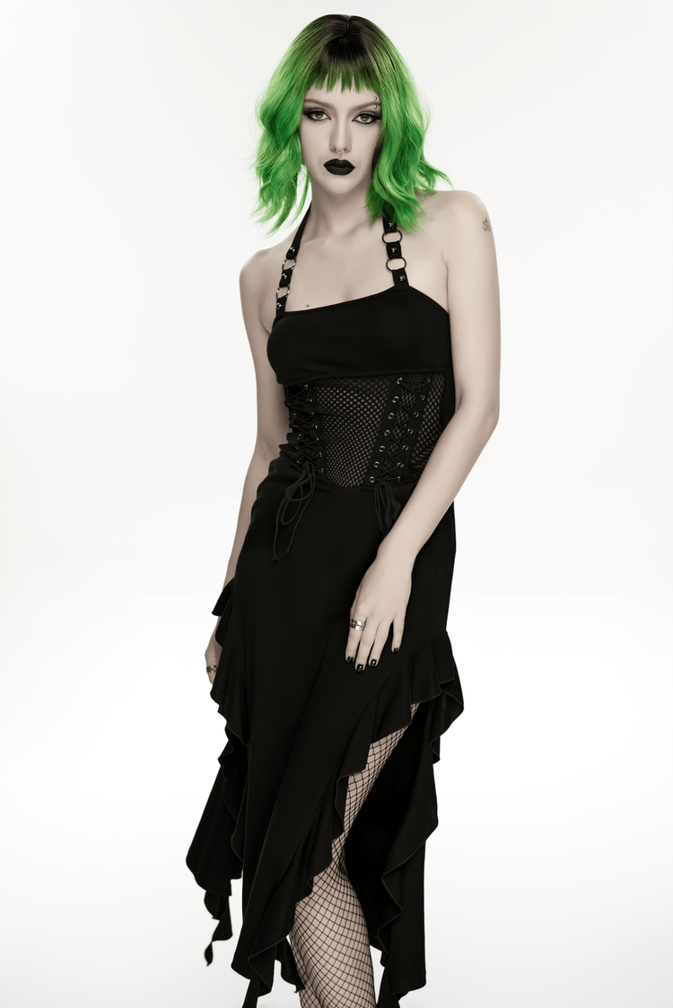 Gothic Punk Halter Mesh Dress With Ruffled Hem - image 12