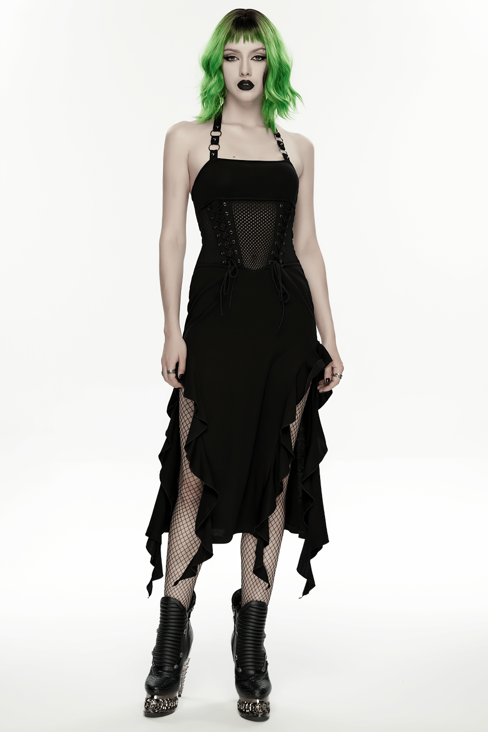 Gothic Punk Halter Mesh Dress With Ruffled Hem - image 13